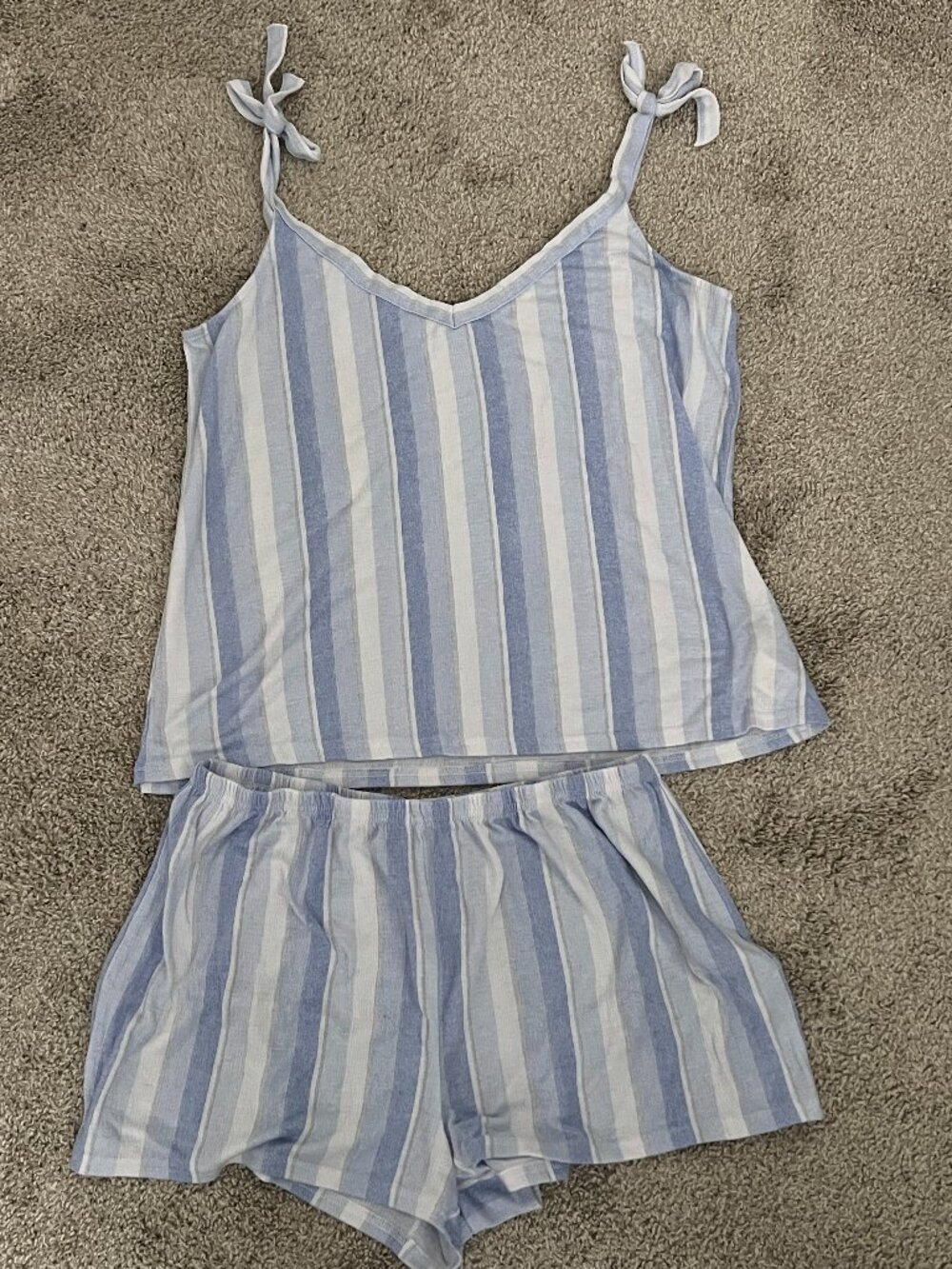 Laura Ashley XL Blue White Stripe Pajama Set Tie Strap Cami Tank & Shorts Sleep
